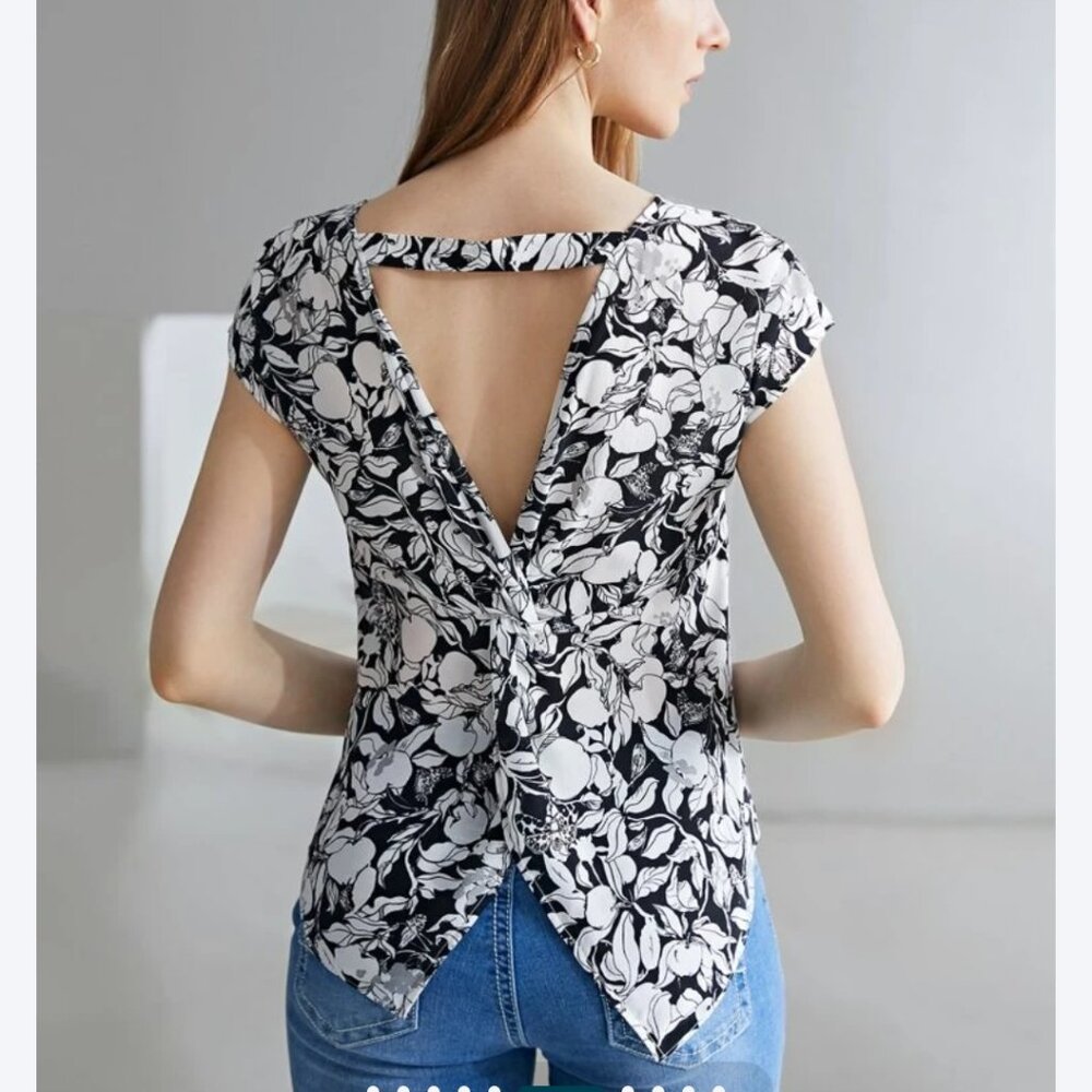 NWT 100% silk cutout back blouse floral birds monochrome and fruit monochrome